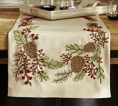 Pinecone & Berry Embroidered Table Runner | Pottery Barn