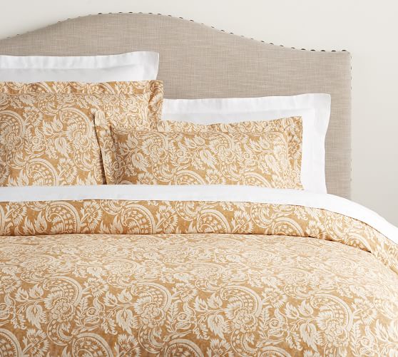 Gold Alessandra Scroll Organic Percale Patterned Duvet Cover